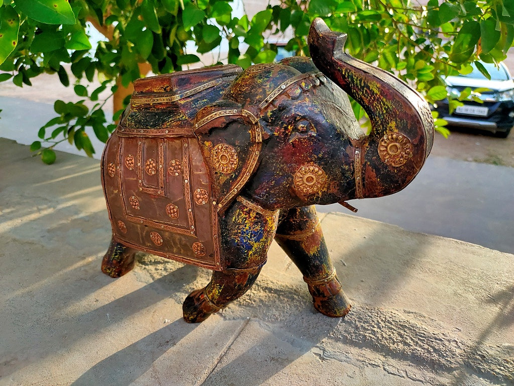 Old Wooden Elephant Figure With Brass Work