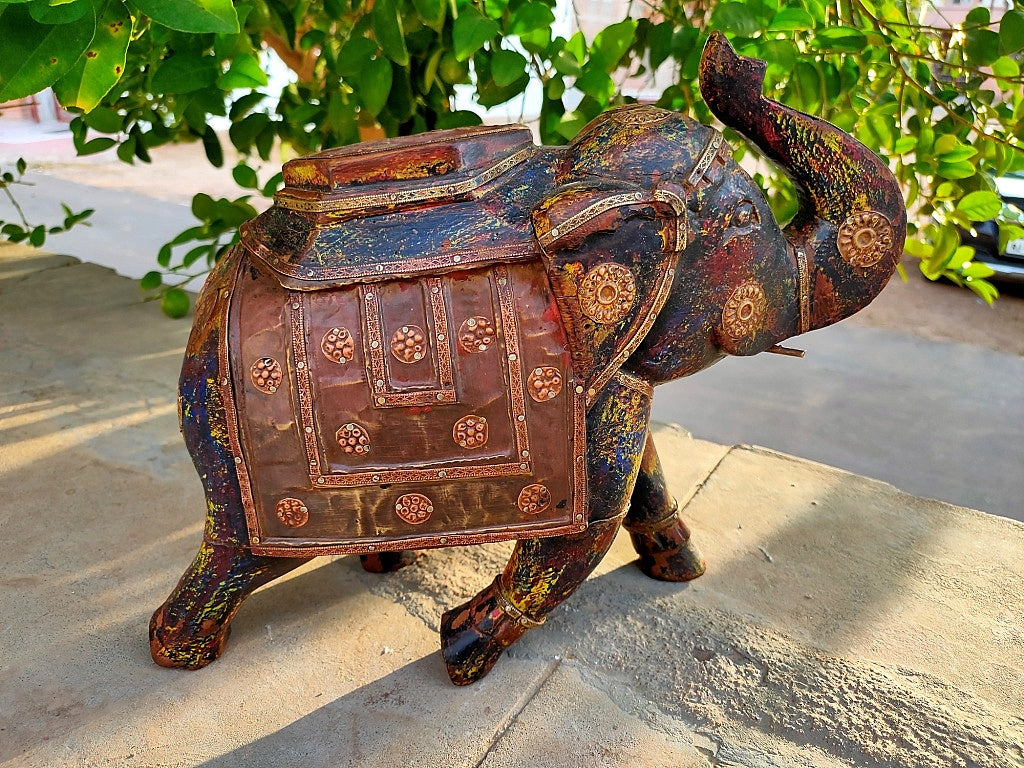 Old Wooden Elephant Figure With Brass Work