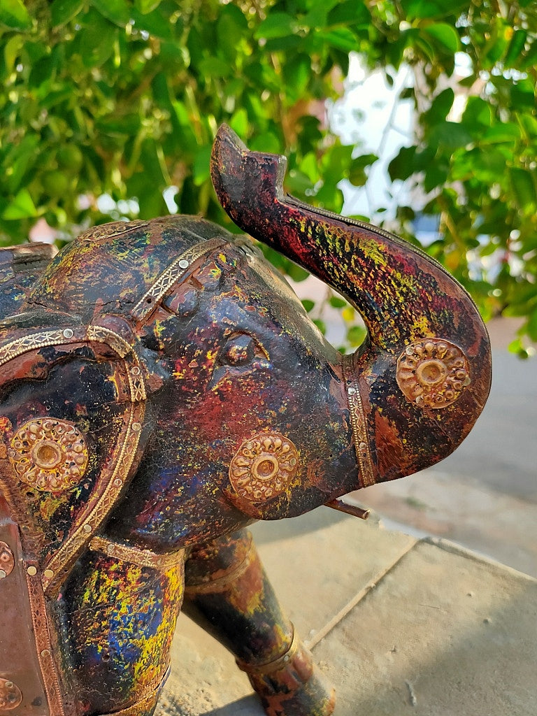 Old Wooden Elephant Figure With Brass Work