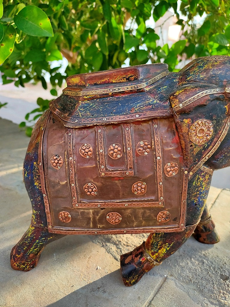 Old Wooden Elephant Figure With Brass Work