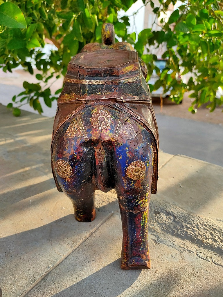 Old Wooden Elephant Figure With Brass Work