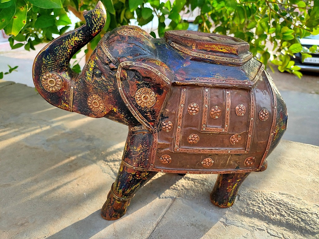 Old Wooden Elephant Figure With Brass Work