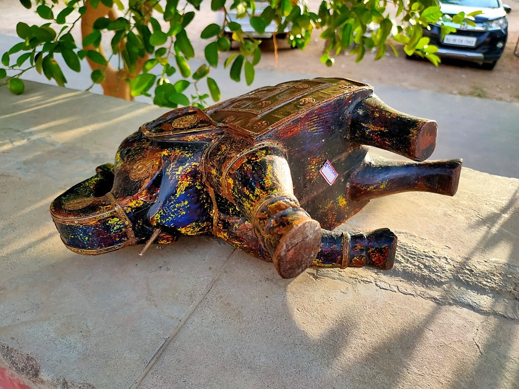 Old Wooden Elephant Figure With Brass Work