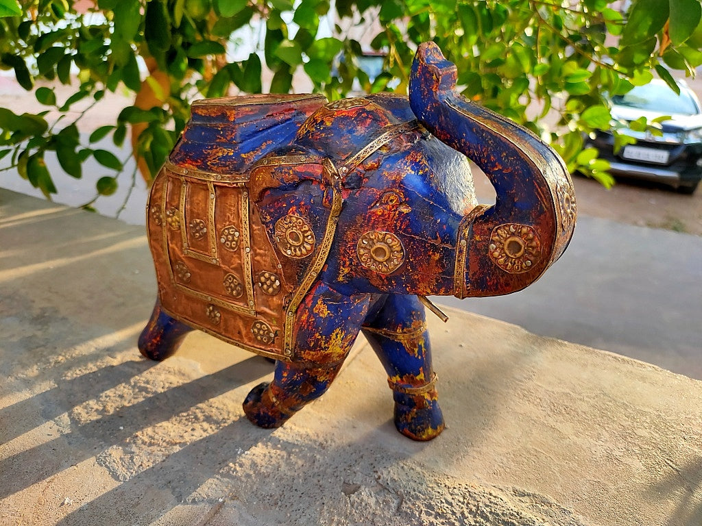 Old Wooden Elephant Figure With Brass Work