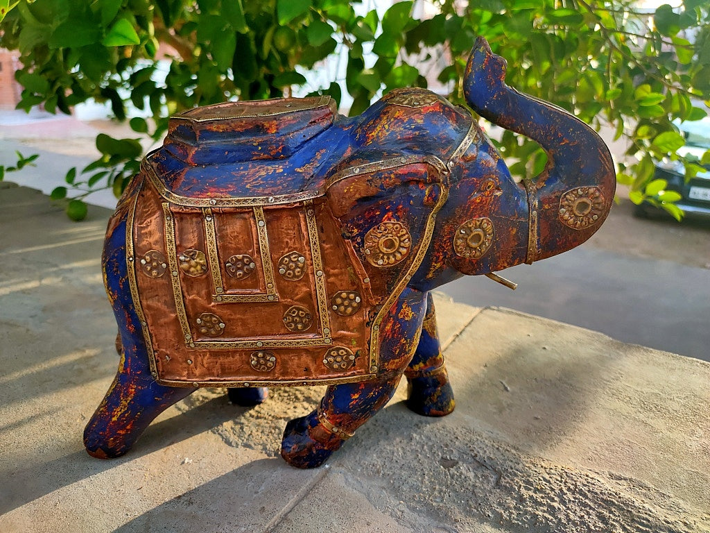 Old Wooden Elephant Figure With Brass Work