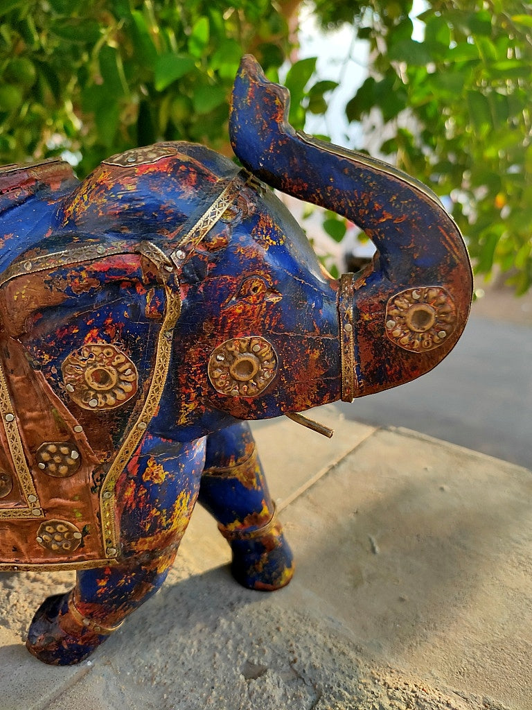 Old Wooden Elephant Figure With Brass Work