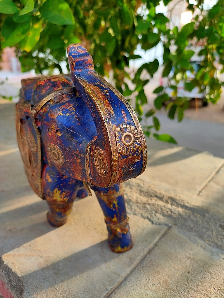 Old Wooden Elephant Figure With Brass Work