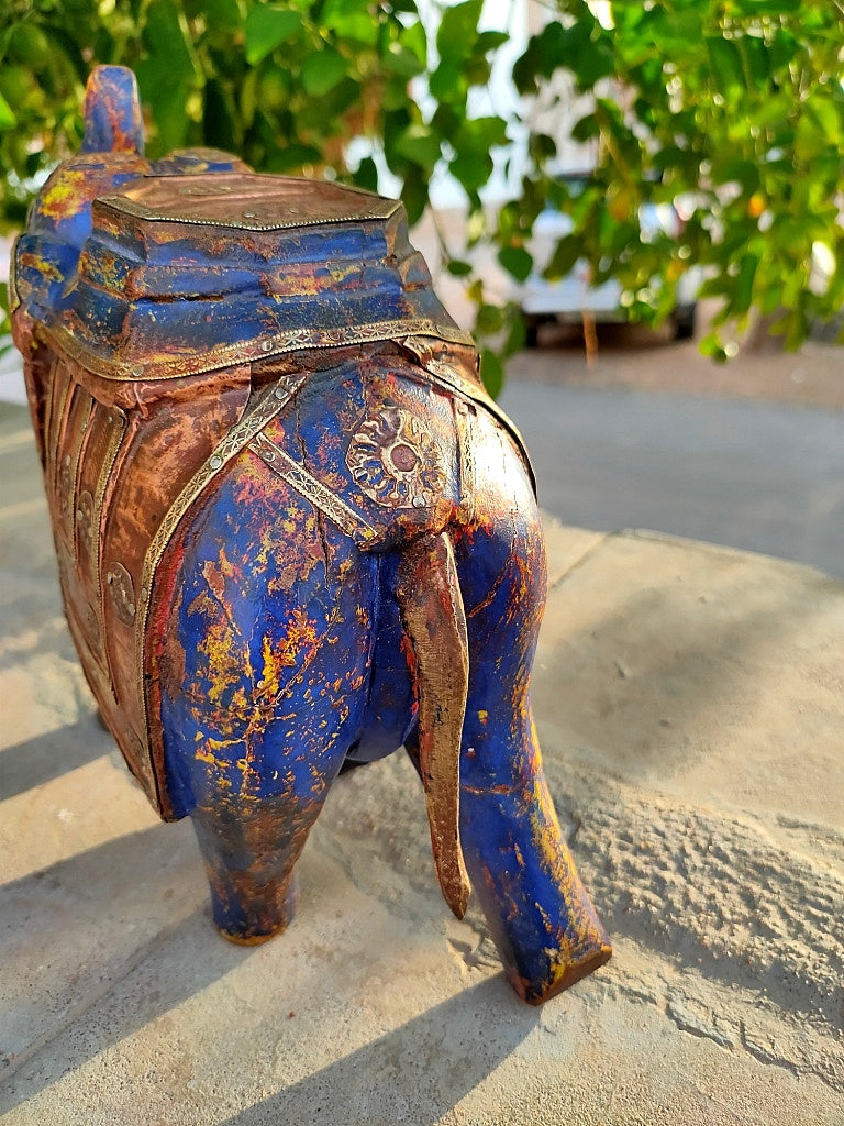 Old Wooden Elephant Figure With Brass Work