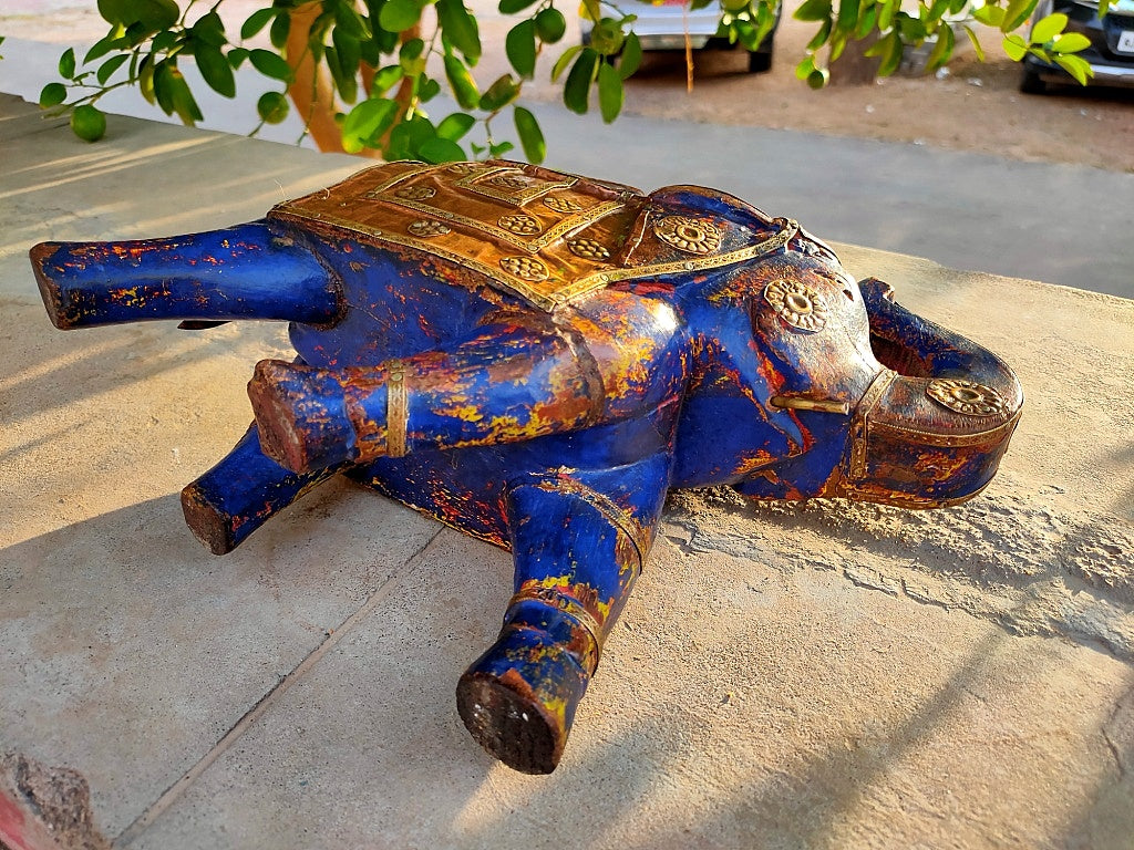 Old Wooden Elephant Figure With Brass Work