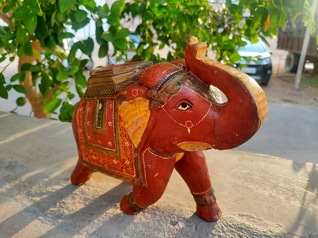 Old Wooden Elephant Figure With Brass Work