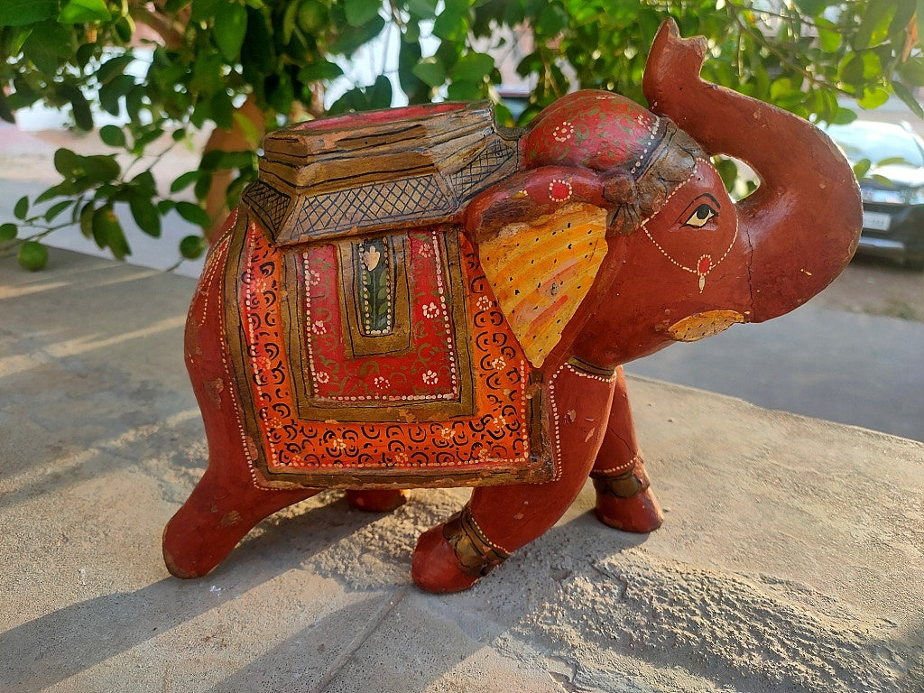 Old Wooden Elephant Figure With Brass Work