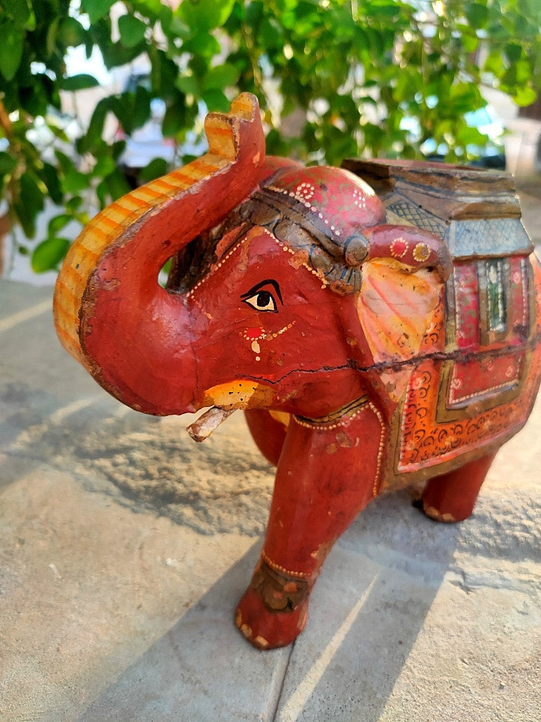 Old Wooden Elephant Figure With Brass Work