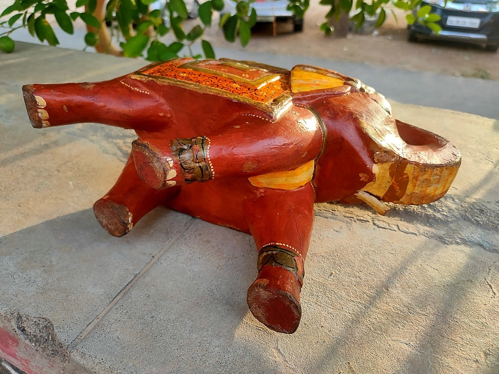 Old Wooden Elephant Figure With Brass Work