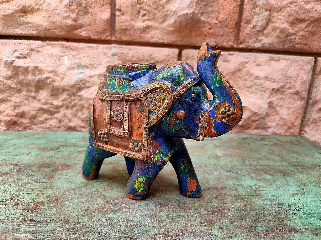 Old Wooden Elephant Figure With Brass Work