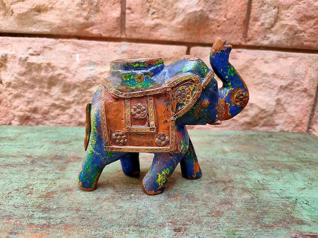 Old Wooden Elephant Figure With Brass Work