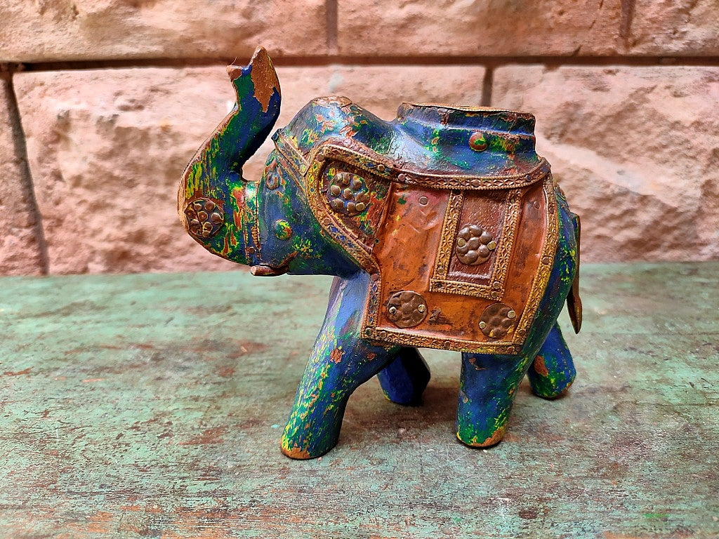 Old Wooden Elephant Figure With Brass Work