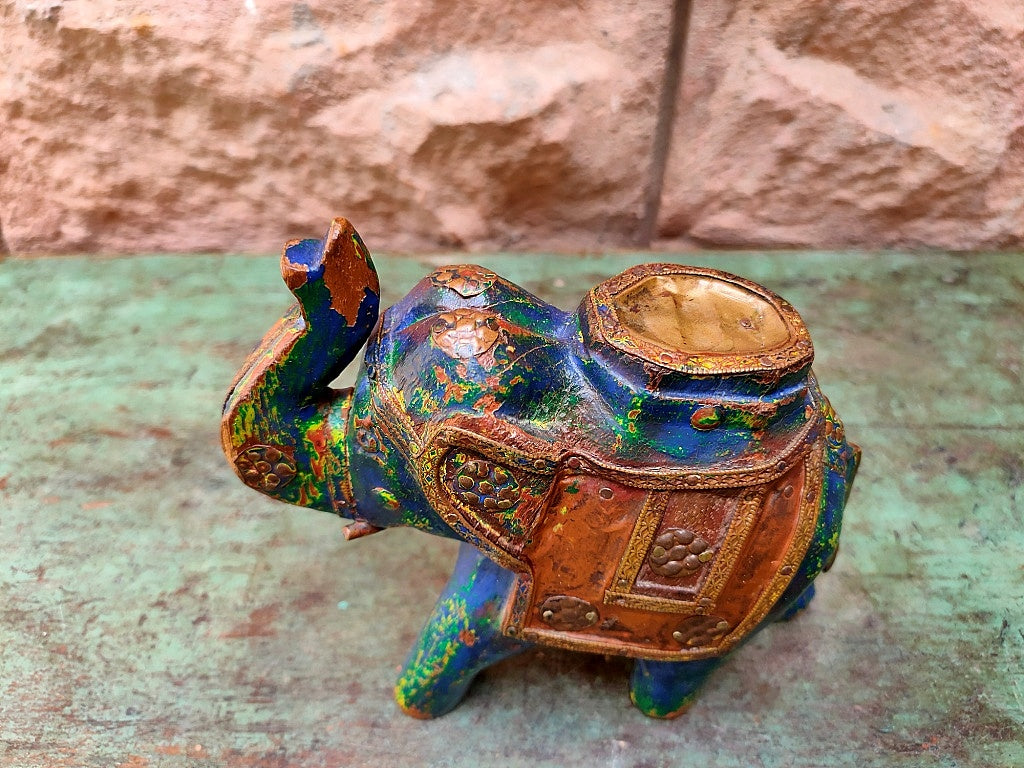 Old Wooden Elephant Figure With Brass Work