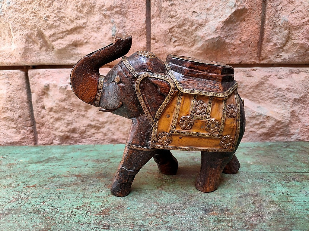 Old Wooden Elephant Figure With Brass Work