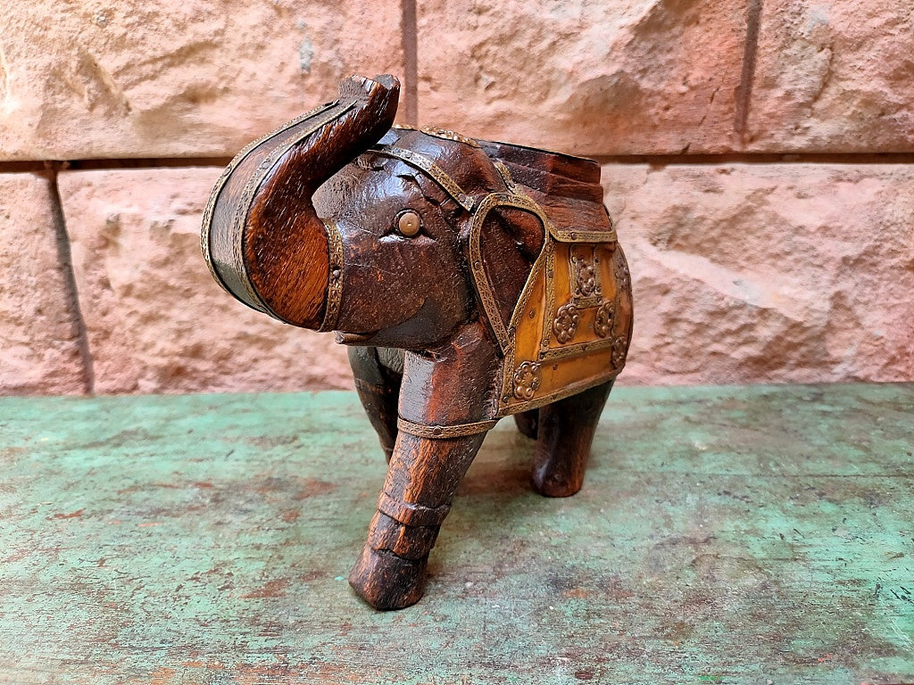 Old Wooden Elephant Figure With Brass Work