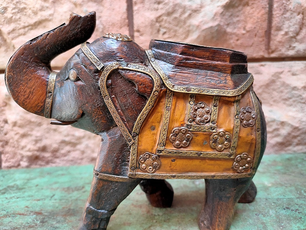 Old Wooden Elephant Figure With Brass Work