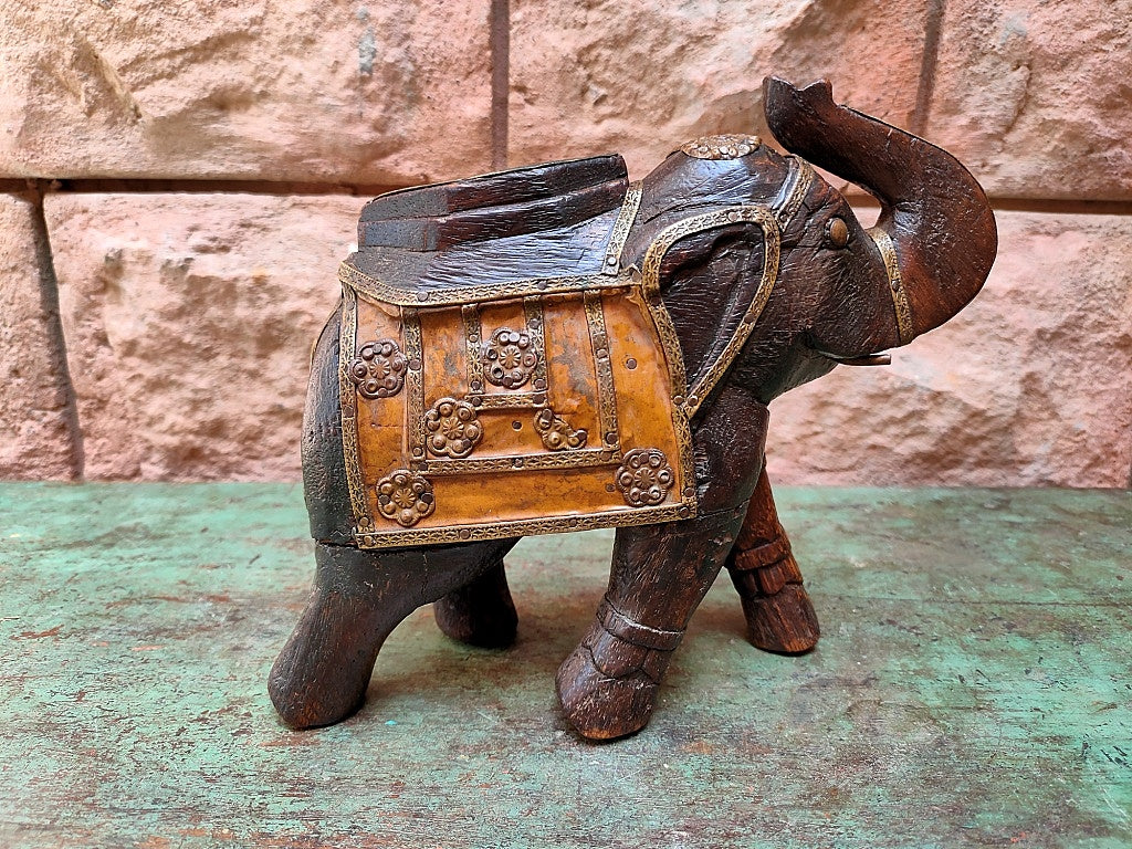 Old Wooden Elephant Figure With Brass Work