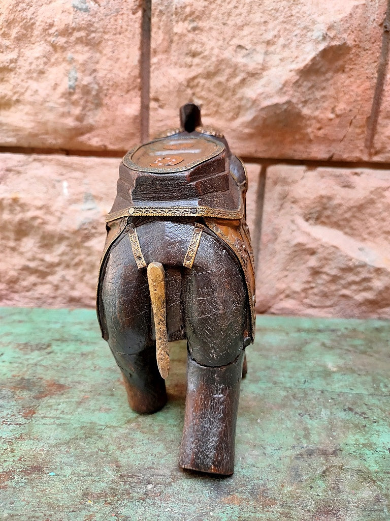 Old Wooden Elephant Figure With Brass Work