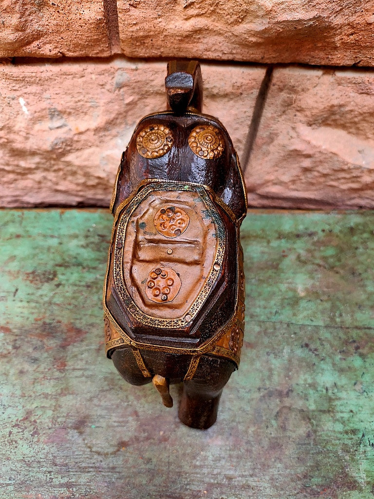 Old Wooden Elephant Figure With Brass Work