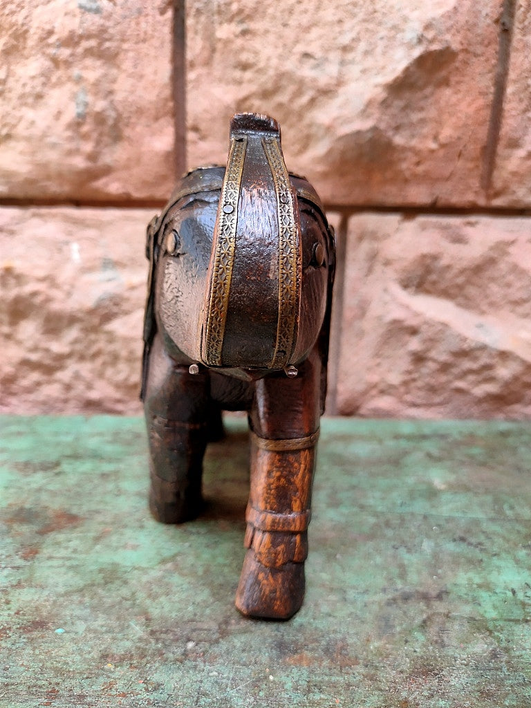 Old Wooden Elephant Figure With Brass Work