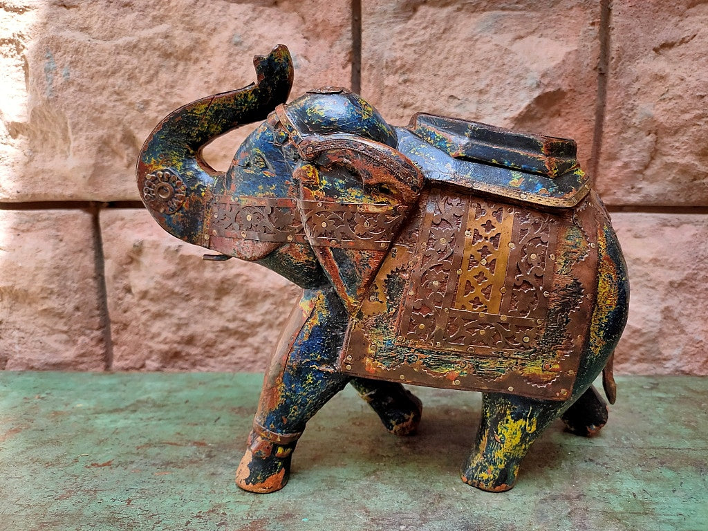 Old Wooden Elephant Figure With Brass Work