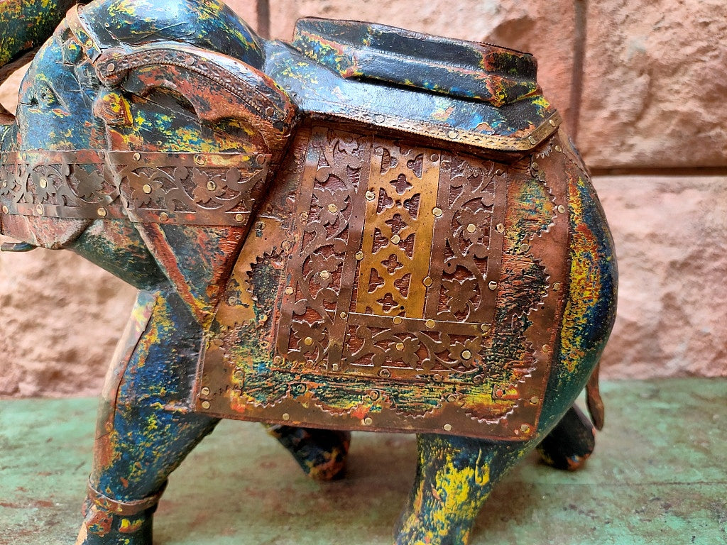 Old Wooden Elephant Figure With Brass Work