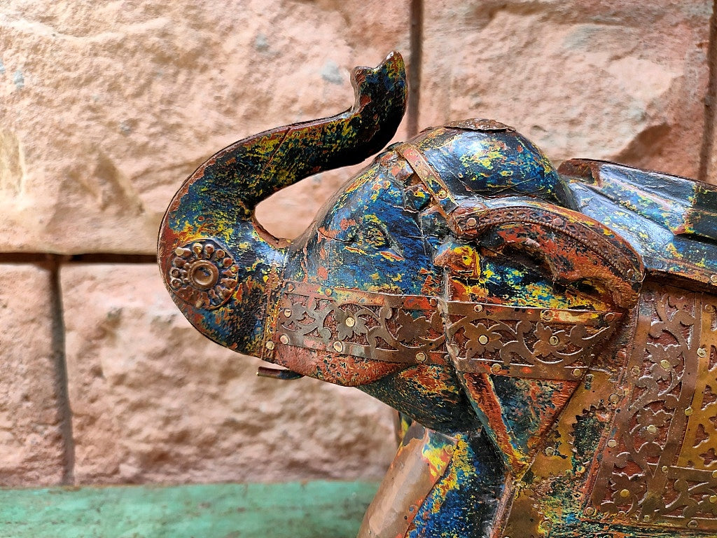 Old Wooden Elephant Figure With Brass Work