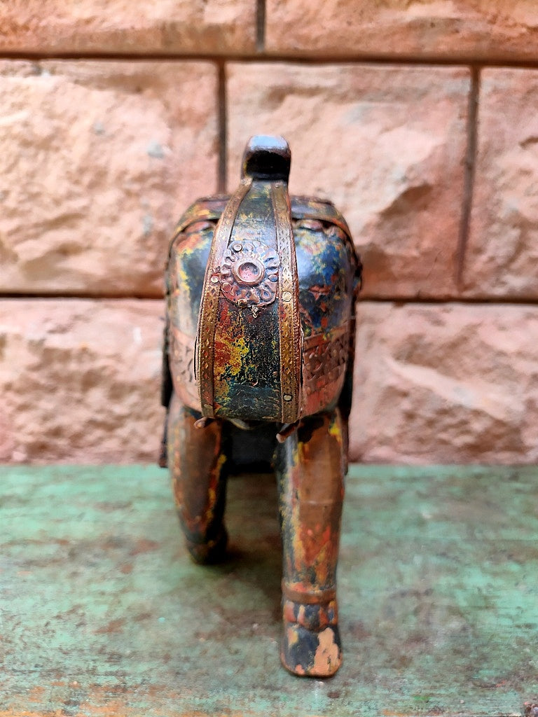 Old Wooden Elephant Figure With Brass Work