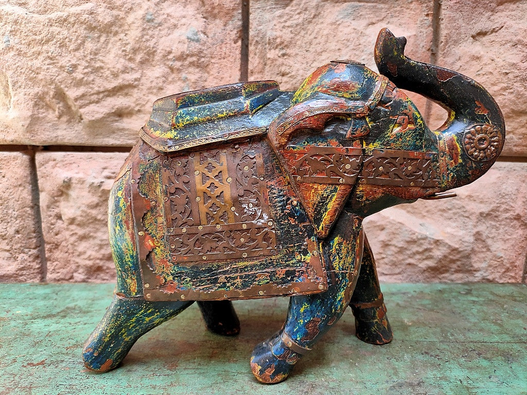 Old Wooden Elephant Figure With Brass Work