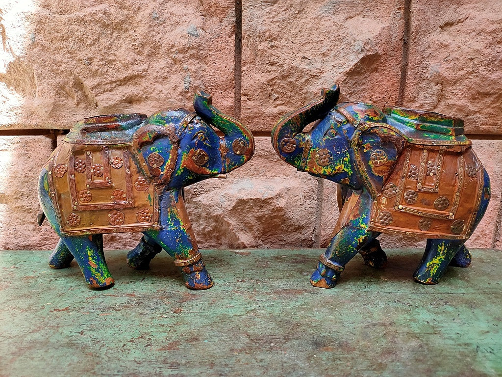 Old Wooden Elephant Figure With Brass Work ( Set of 2)