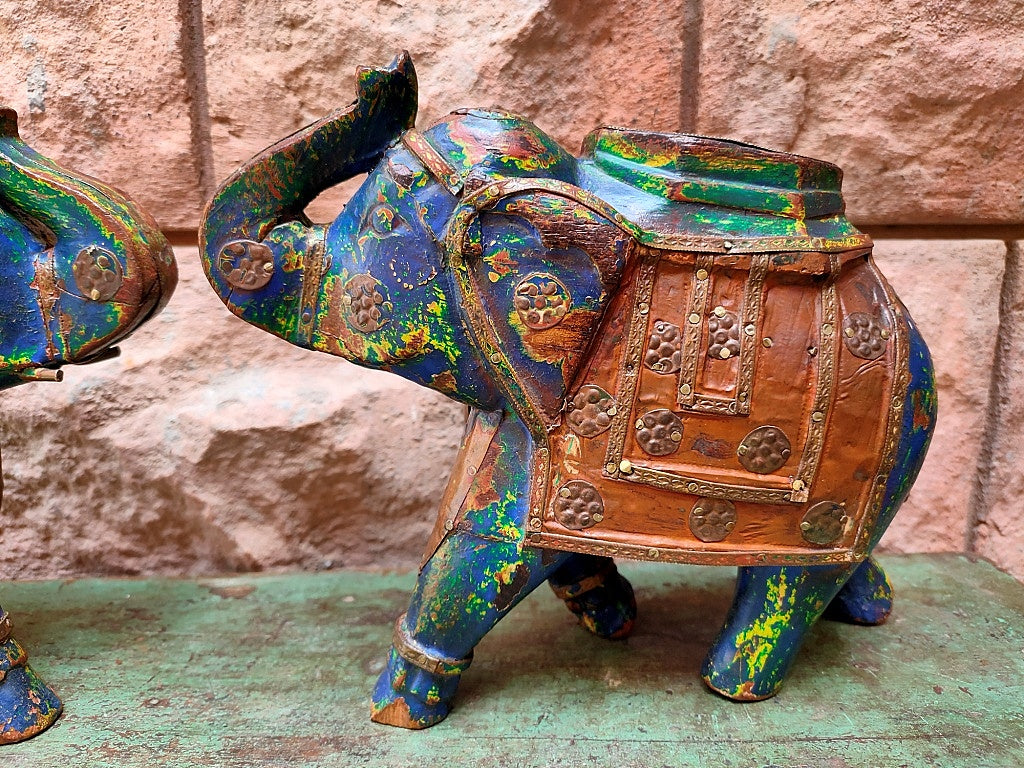 Old Wooden Elephant Figure With Brass Work ( Set of 2)