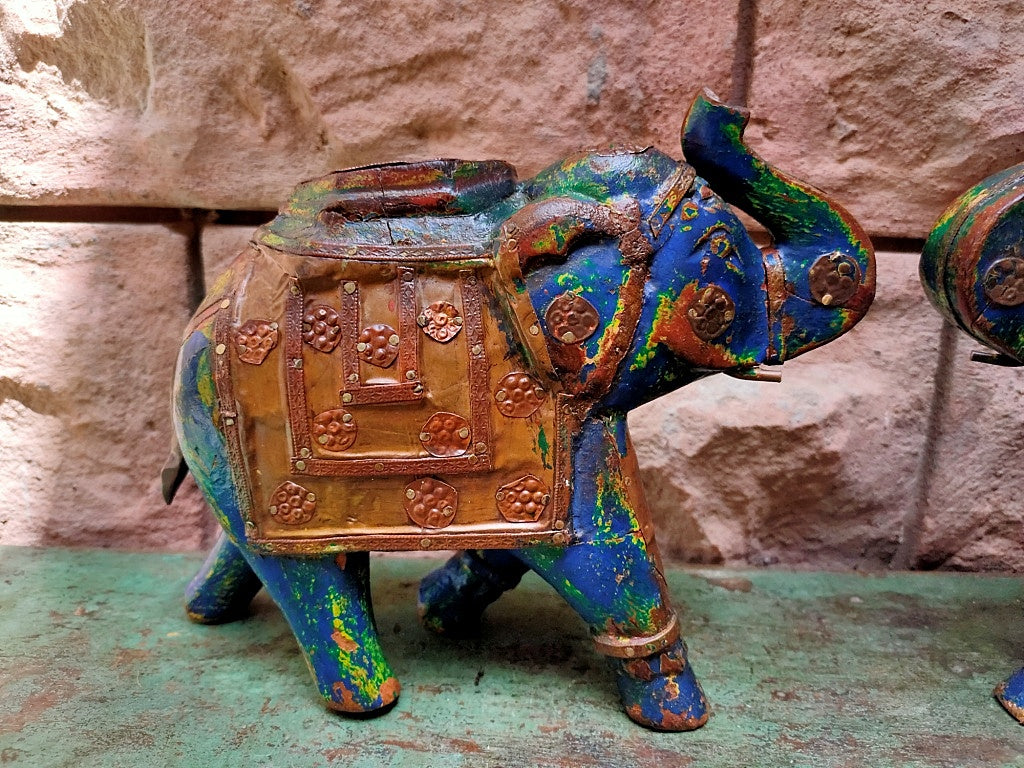 Old Wooden Elephant Figure With Brass Work ( Set of 2)