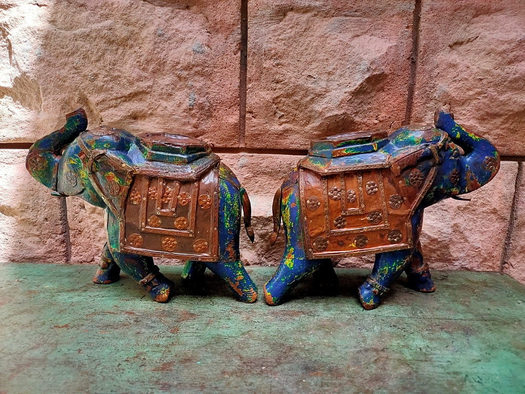 Old Wooden Elephant Figure With Brass Work ( Set of 2)