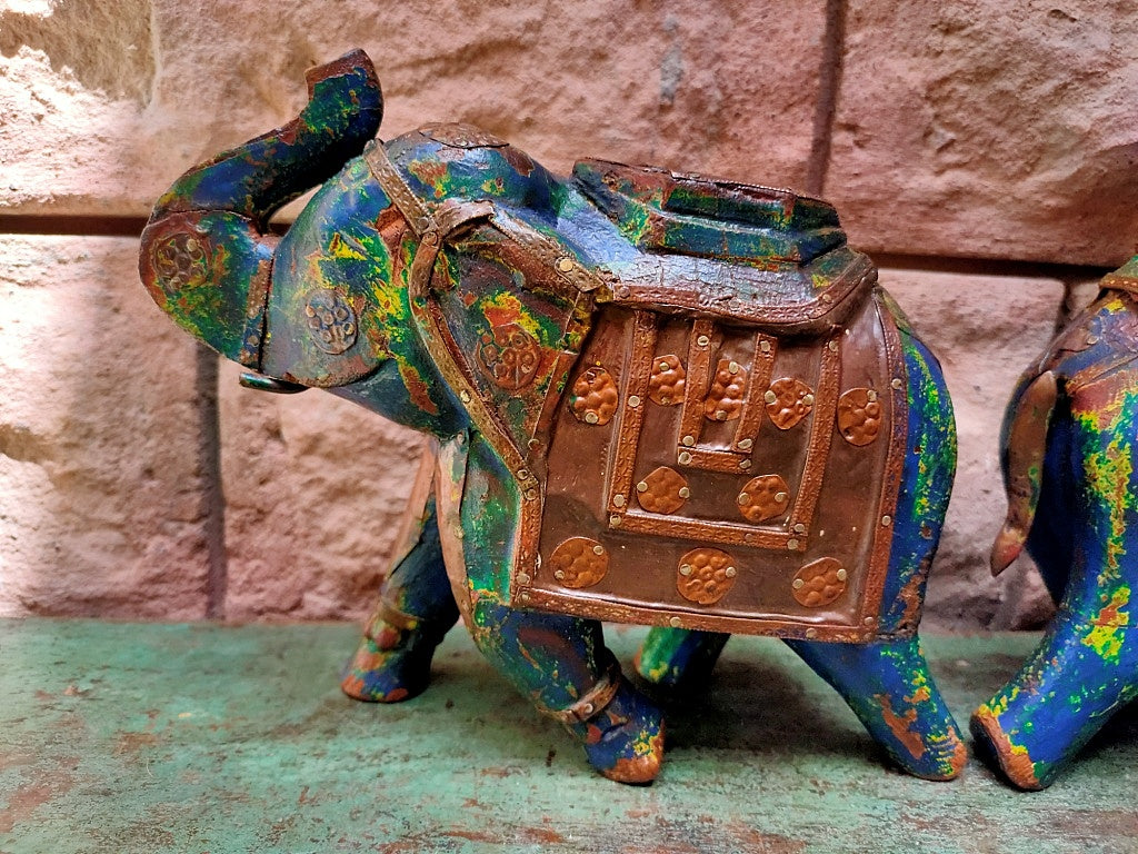 Old Wooden Elephant Figure With Brass Work ( Set of 2)