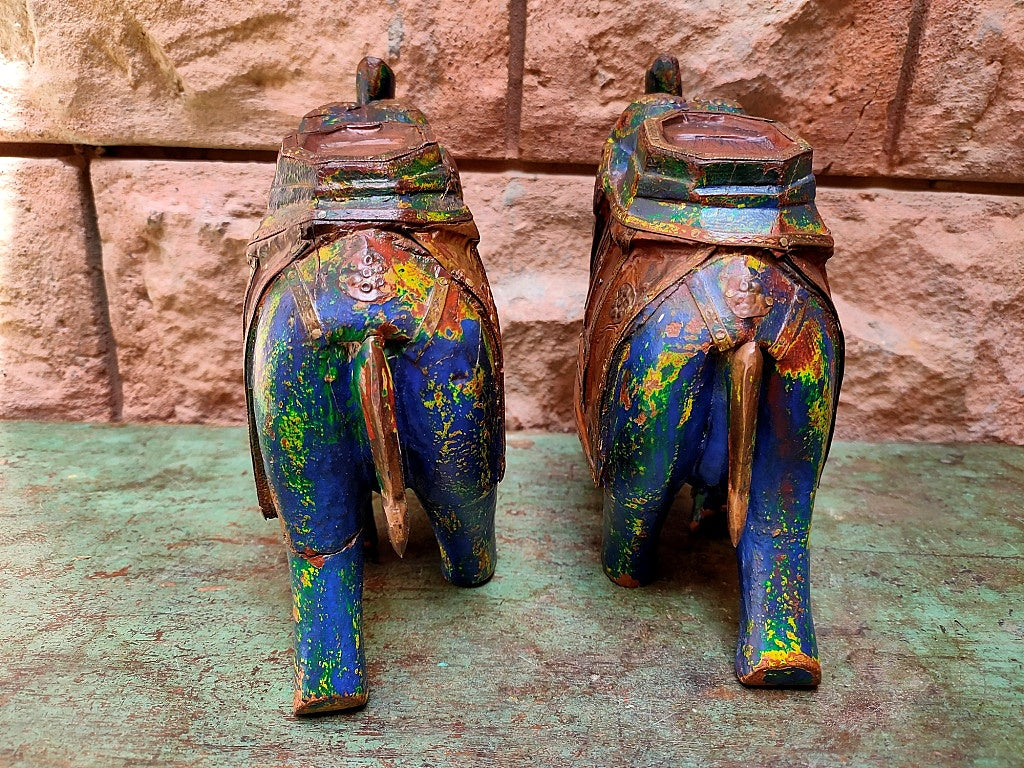 Old Wooden Elephant Figure With Brass Work ( Set of 2)