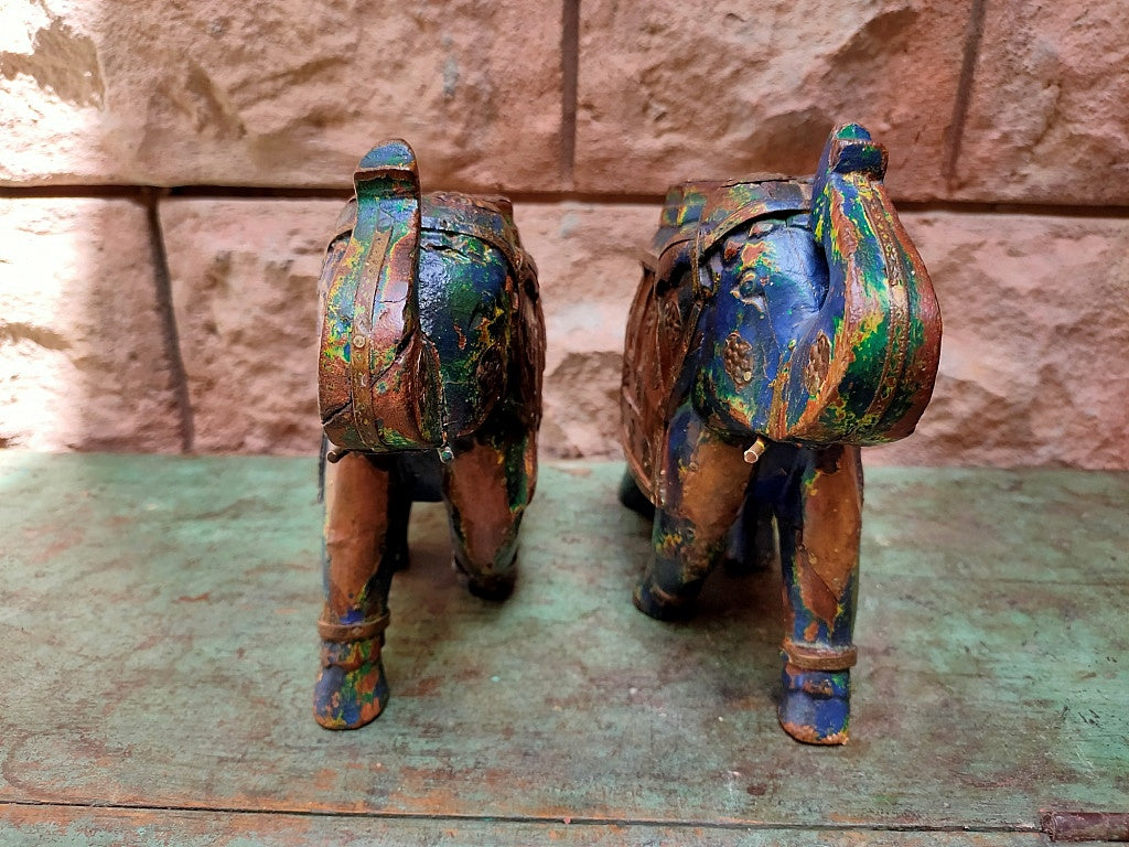 Old Wooden Elephant Figure With Brass Work ( Set of 2)