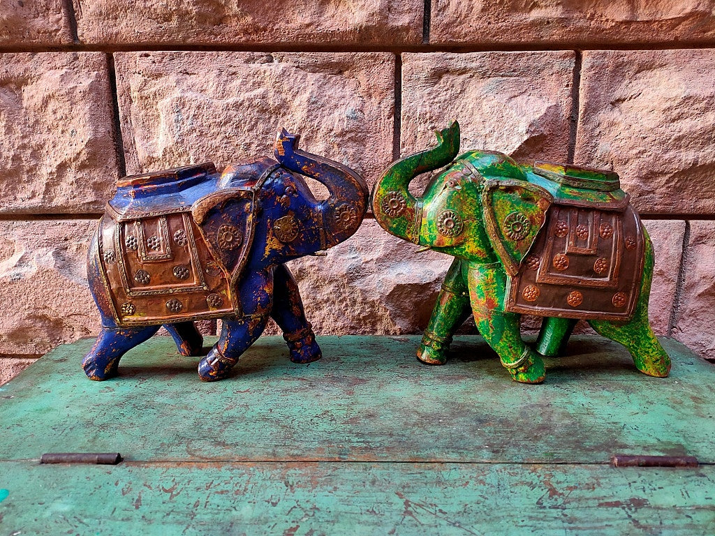 Old Wooden Elephant Figure With Brass Work ( Set of 2)