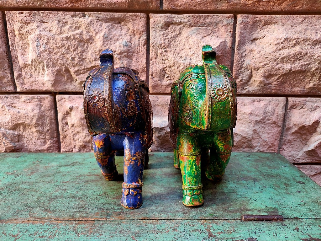 Old Wooden Elephant Figure With Brass Work ( Set of 2)