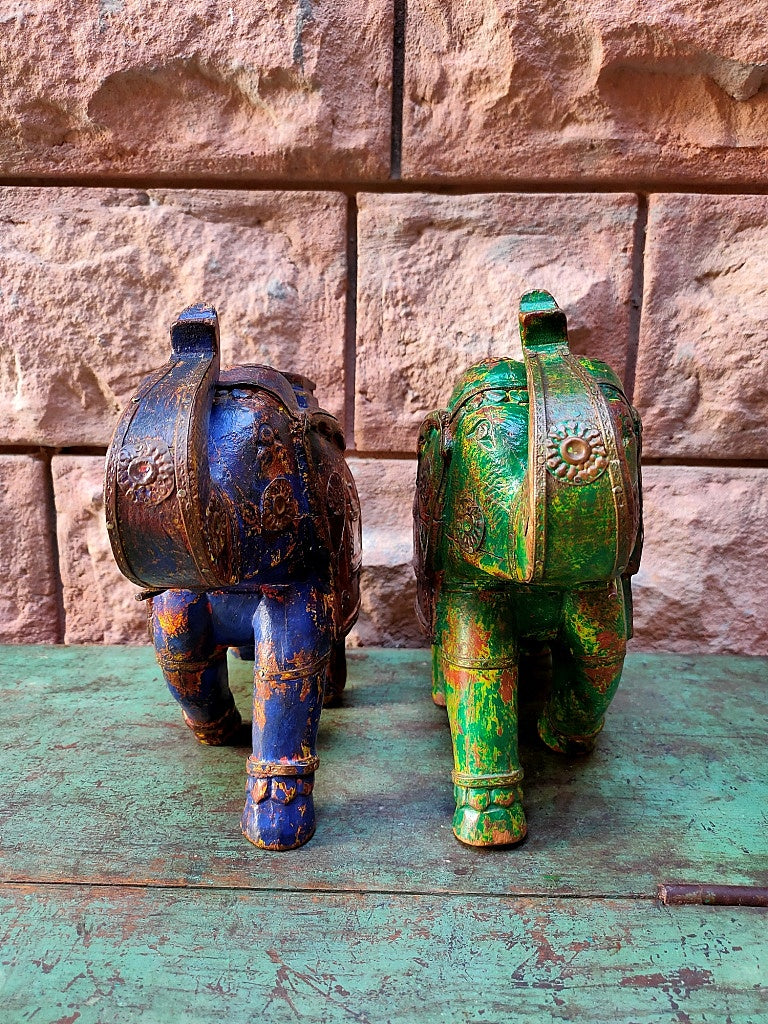 Old Wooden Elephant Figure With Brass Work ( Set of 2)