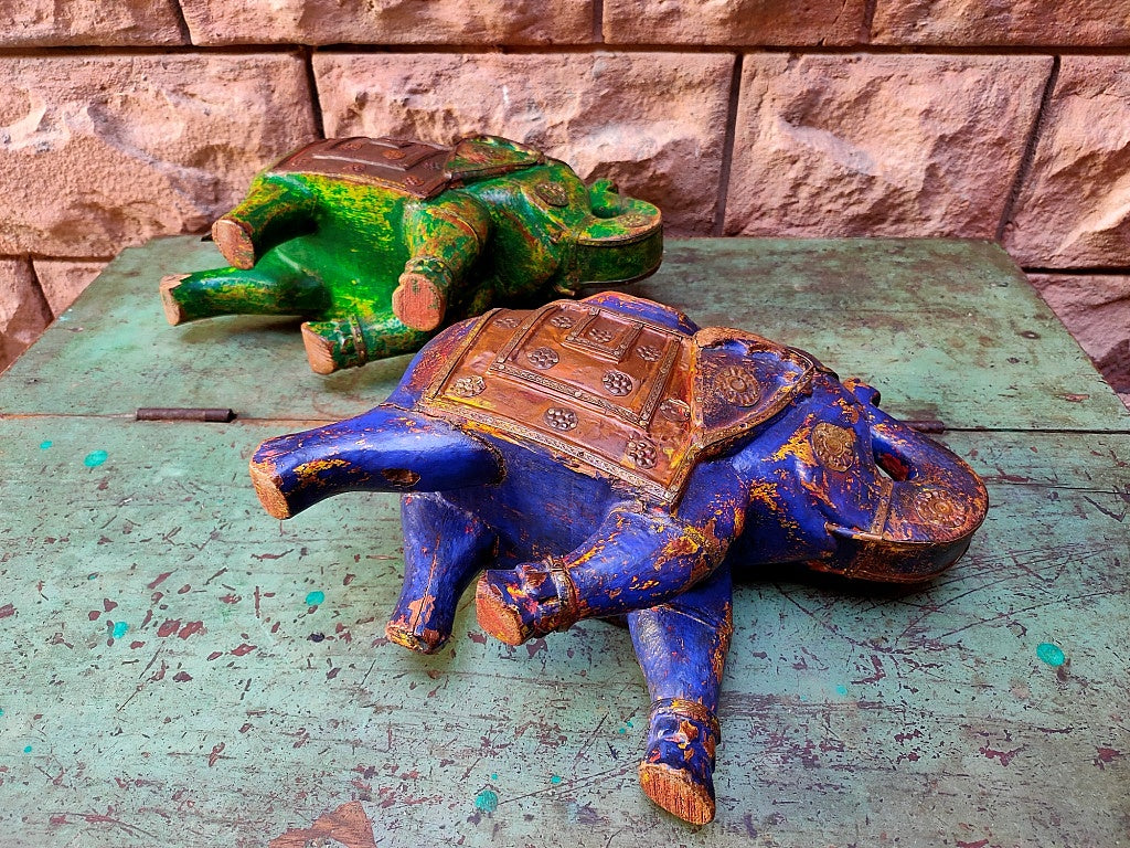 Old Wooden Elephant Figure With Brass Work ( Set of 2)