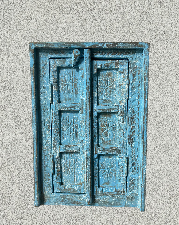 Hand Carved Wooden Window distressed blue painted