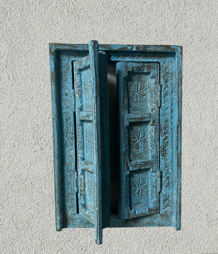 Hand Carved Wooden Window distressed blue painted