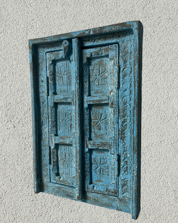 Hand Carved Wooden Window distressed blue painted