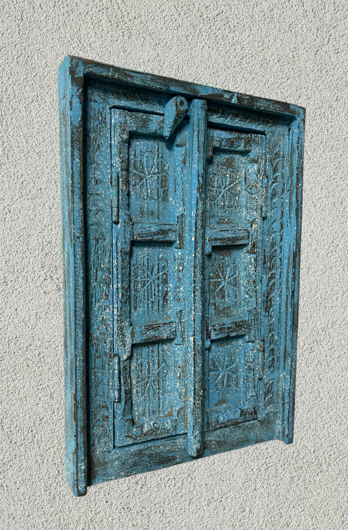 Hand Carved Wooden Window distressed blue painted