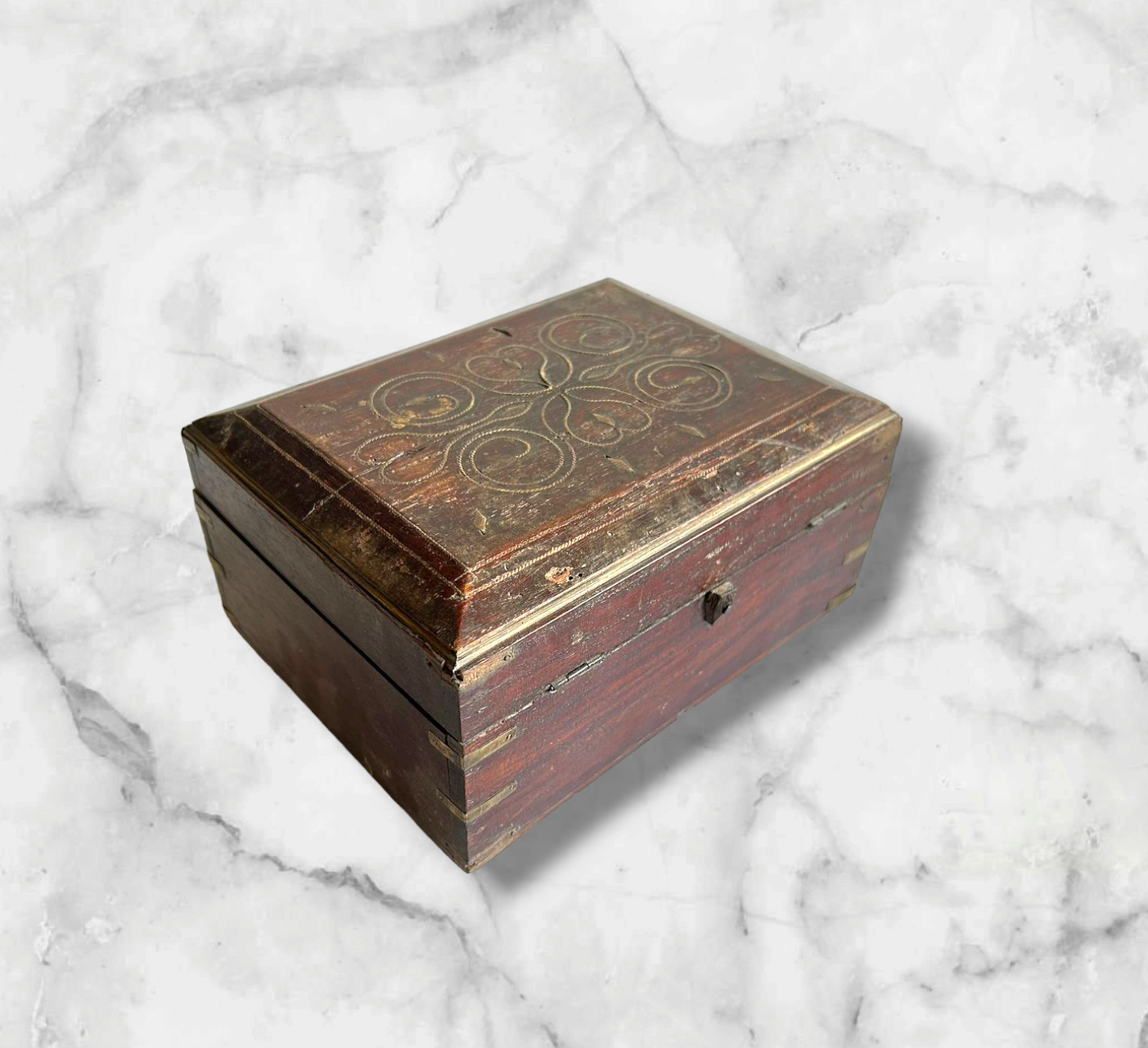 Wooden Hand Carved Jewellery Box Brass Work