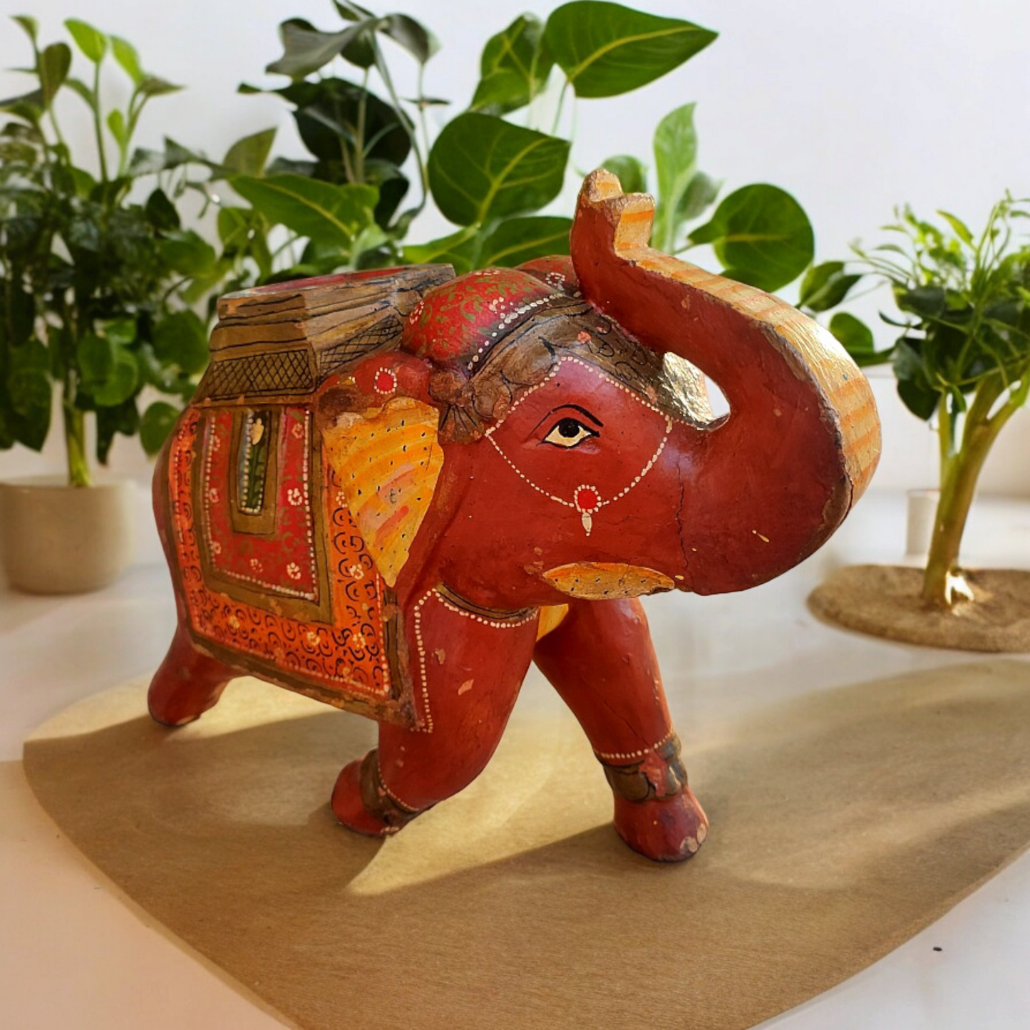 Old Wooden Elephant Figure With Brass Work